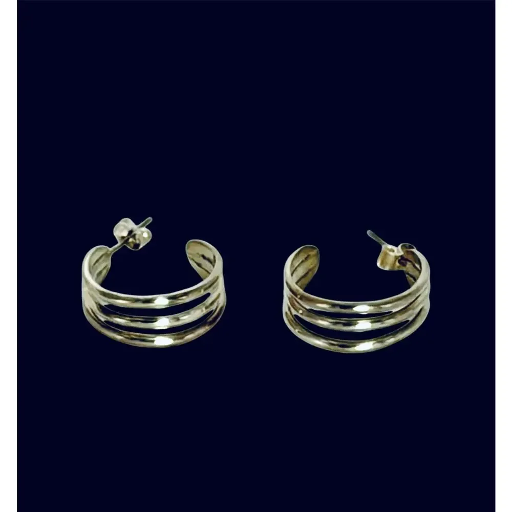 950 Sterling Silver Triple Wave Hoop Earrings 10.7g Modernist Peru NOS Unworn